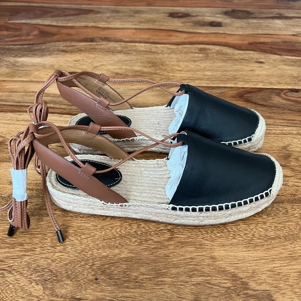 Coach Rita Espadrille Sandals – Black/Tan Leather Lace-Up Flats Size 5.5 - Picture 3 of 11